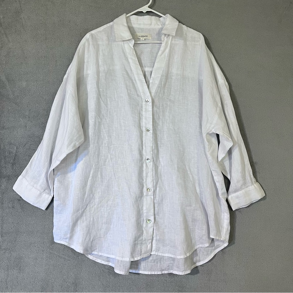 L-Space White 100% Linen Shirt Relaxed Fit Womens M/L Button Up Beachy